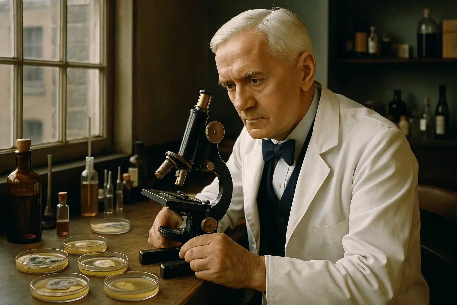 Historia penicyliny - Alexander Fleming w laboratorium